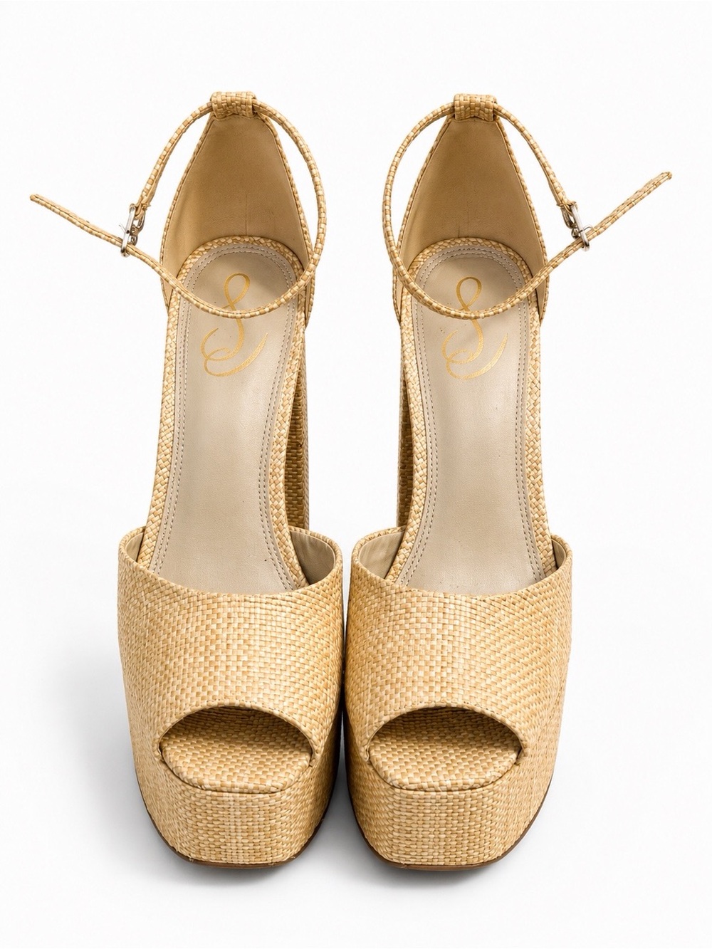 Jessica Simpson Natural Woven Platform Peep-Toe Ankle-Strap Heels
